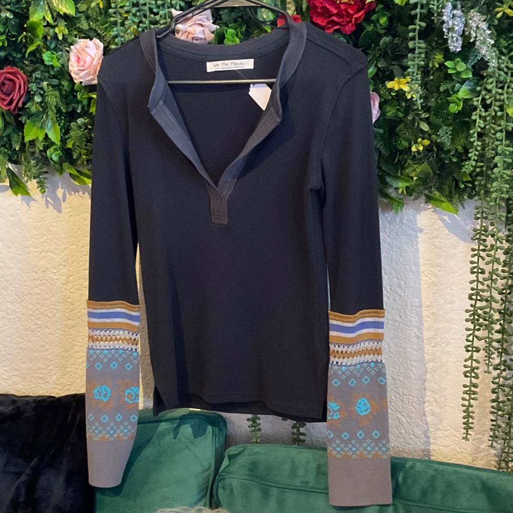 We The Free Black Long-Sleeve Henley with Patterned Cuffs